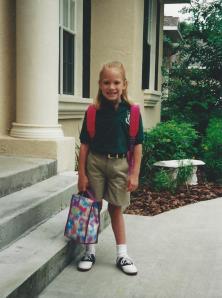 My first day of first grade! (I'm wearing the Hello Kitty backpack.)